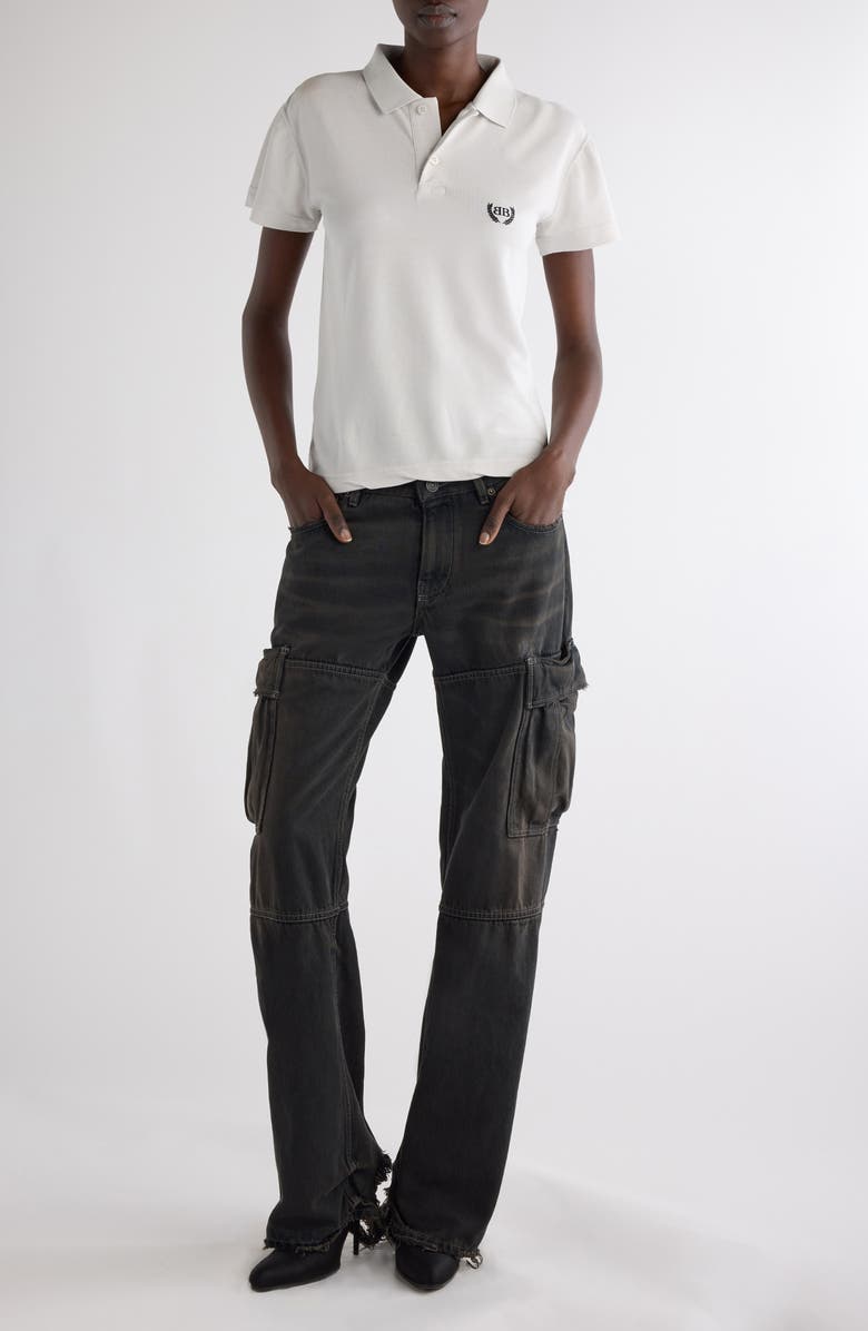 Balenciaga Laurel Embroidered Fitted Cotton Piqué Polo, Alternate, color, 9012 Dirty White