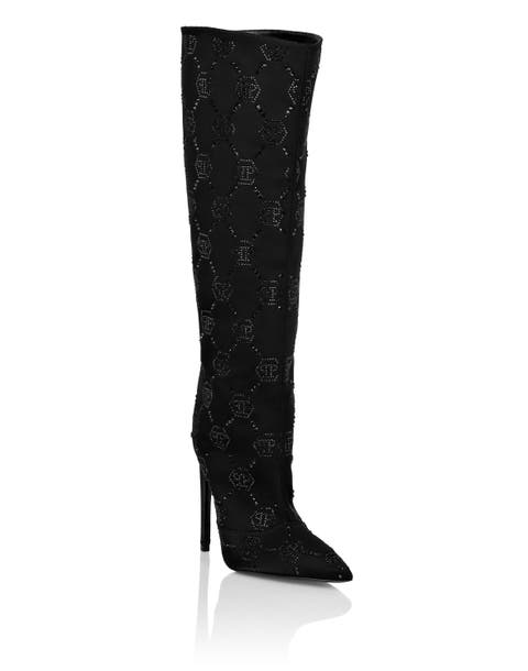 Satin Boots High Heels Mid Strass Monogram Women