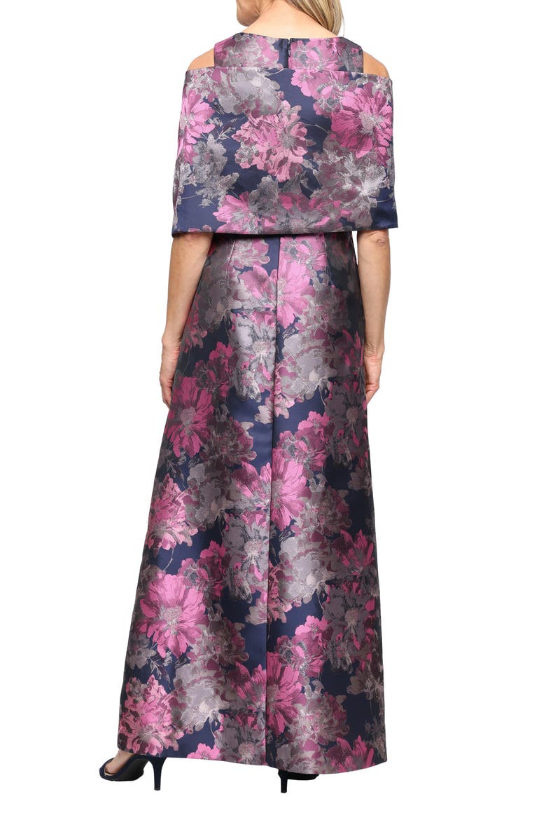 Floral Jacquard Gown with Jacket, Alternate, color, NAVY/ PINK