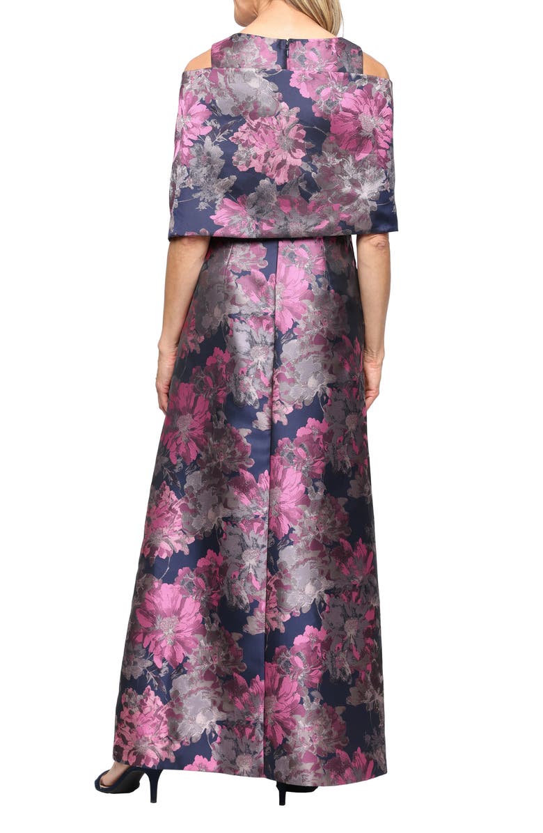 SL FASHIONS Floral Jacquard Gown with Jacket, Alternate, color, Navy/ Pink