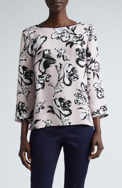 St. John outlets Satin Crepe Black & White Floral Shirt