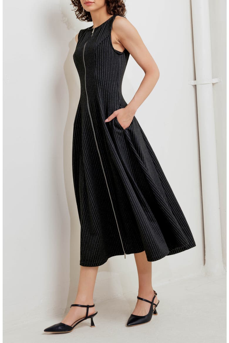 Pinstripe Zip Front Midi Dress, Alternate, color, BLACK