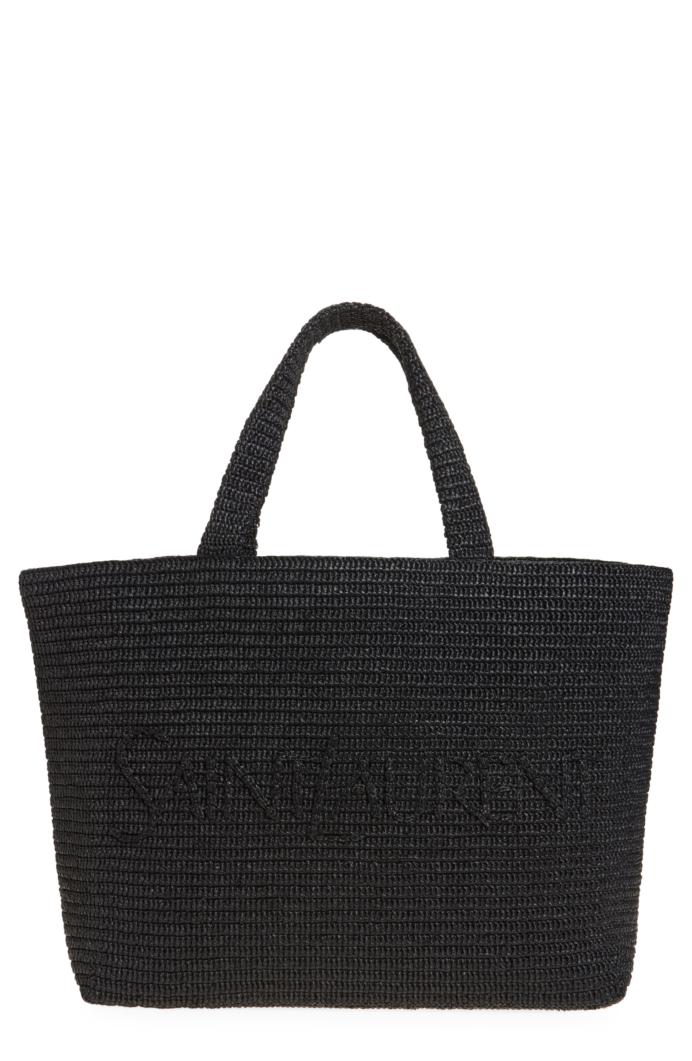 Saint Laurent Logo Raffia Tote, Main, color, 