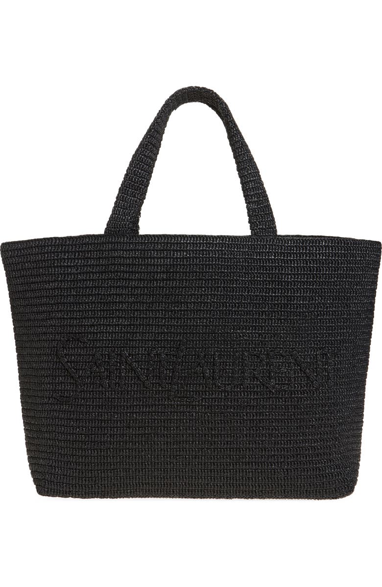 Saint Laurent Logo Raffia Tote, Main, color,