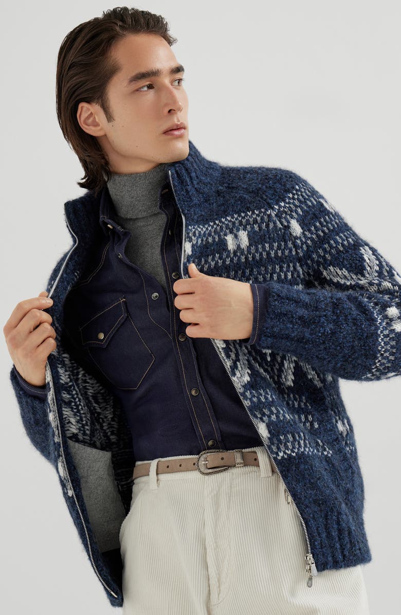 Brunello Cucinelli Jacquard cardigan, Alternate, color, Navy Blue