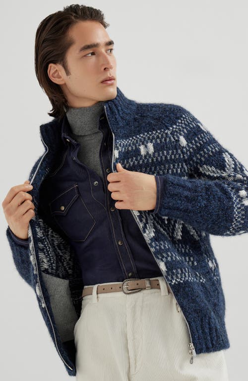 Brunello Cucinelli Geometric Jacquard Cardigan In Wool And Cashmere In Blue