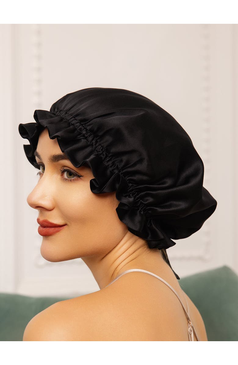 SILKSILKY Pure Silk Double Layer Bonnet with Ribbon, Alternate, color, Black