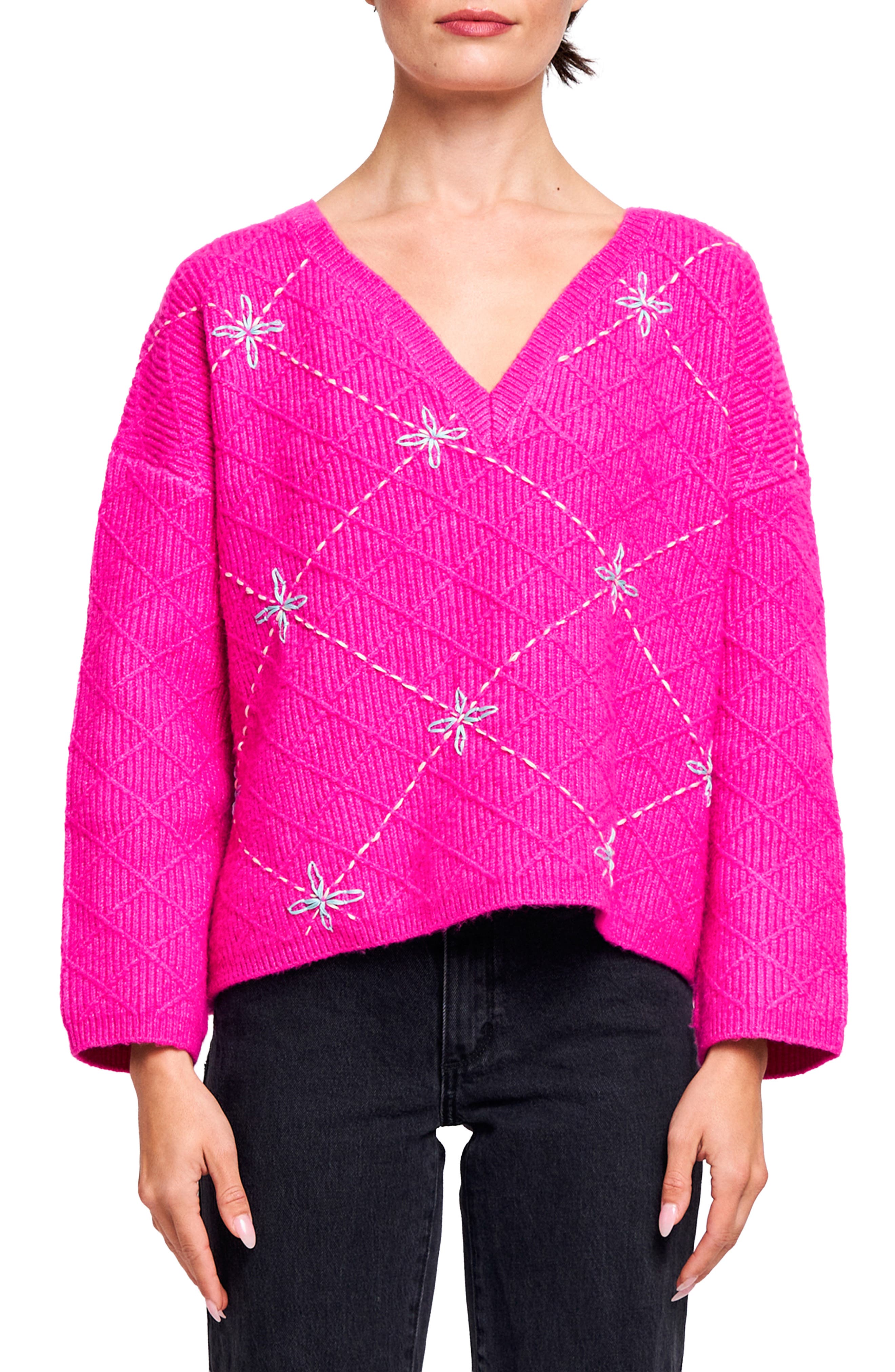 Ciebon Grace Embroidered V-neck Sweater In Pink