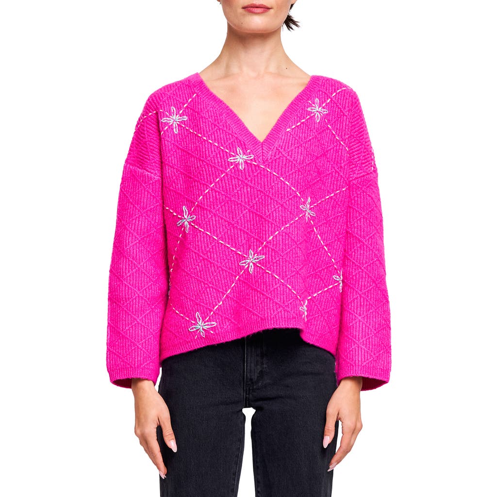 Ciebon Grace Embroidered V-neck Sweater In Pink