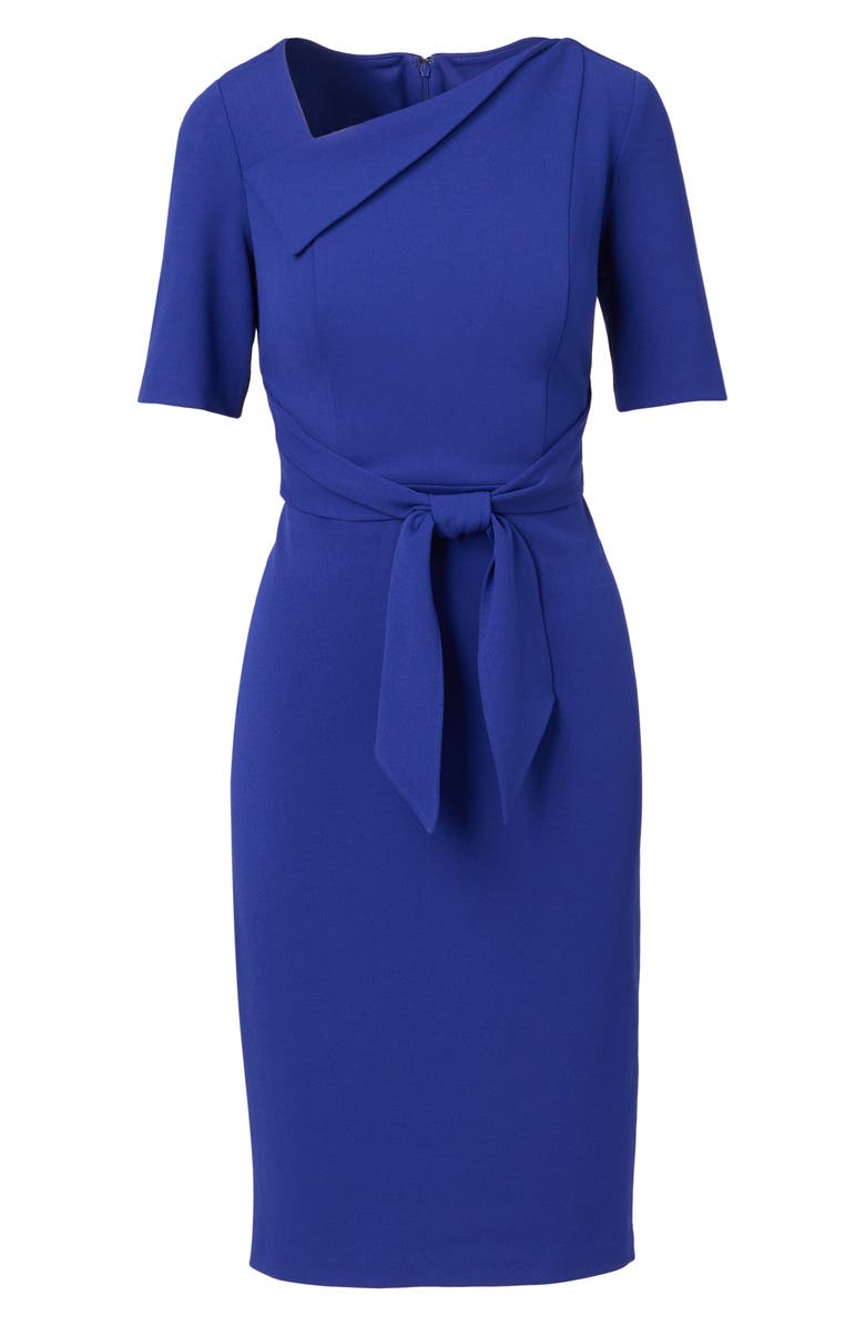 Adrianna Papell Asymmetric Collar Tie Waist Crepe Sheath Dress, Alternate, color, Royal Sapphire