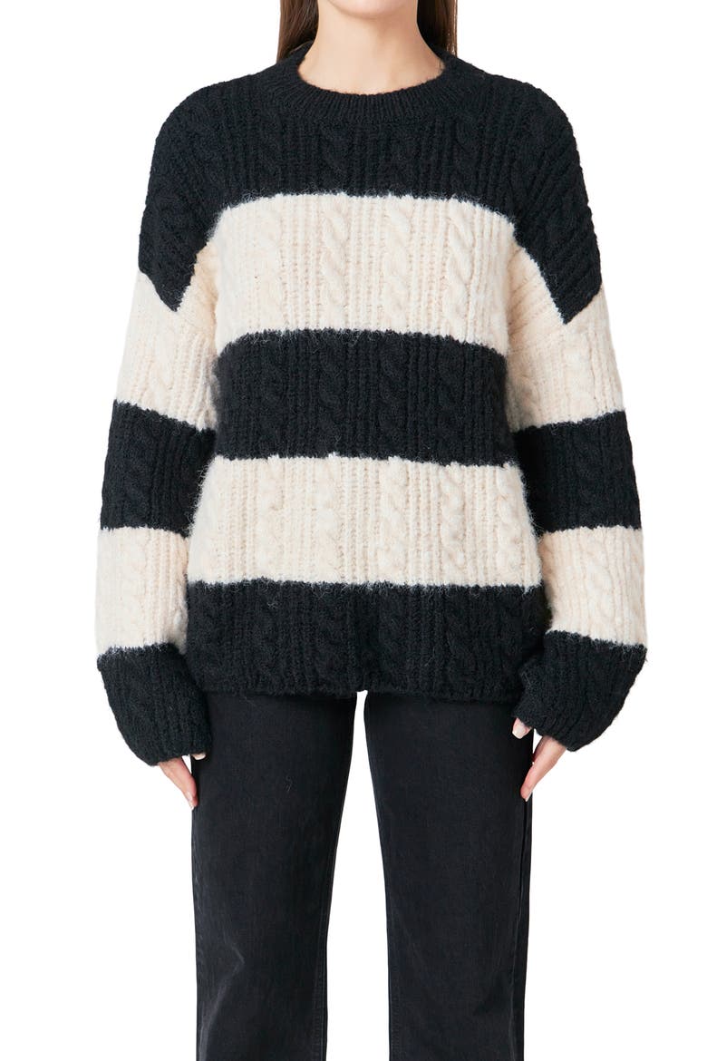 Stripe Chunky Sweater, Alternate, color, BLACK/ CREAM