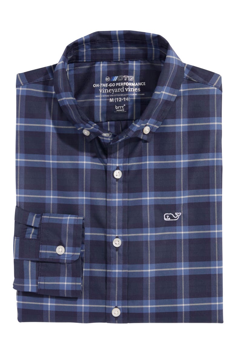 Kids' Plaid Cotton Blend Performance Button-Down Shirt, Alternate, color, MOONSHINE PLAID