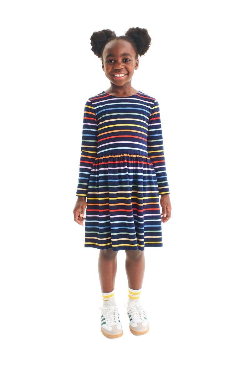 Kids Long Sleeve Perfect Pocket Dress In Rainbow Stripe, Alternate, color, Navy/rainbow stripe