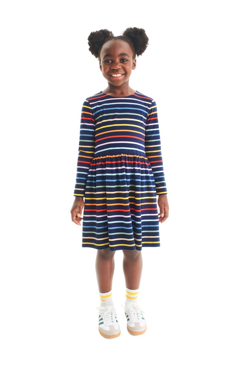 Primary Kids Long Sleeve Perfect Pocket Dress In Rainbow Stripe, Alternate, color, Navy/Rainbow Stripe