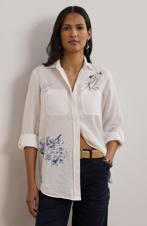 Ralph Lauren 100 Linen Womens Relaxed Fit Print Roll Tab Sleeve Shirt P Xs 3x In White