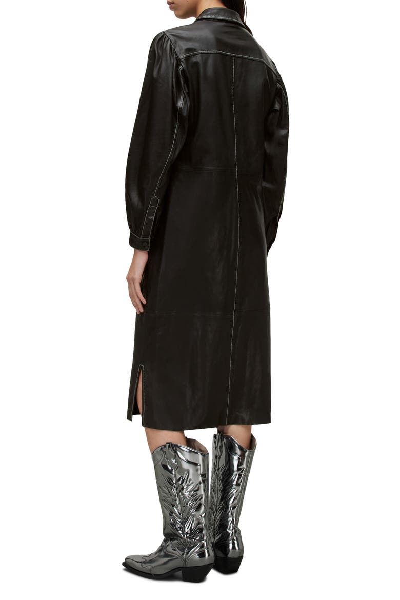 Ava Long Sleeve Leather Shirtdress, Alternate, color, BLACK