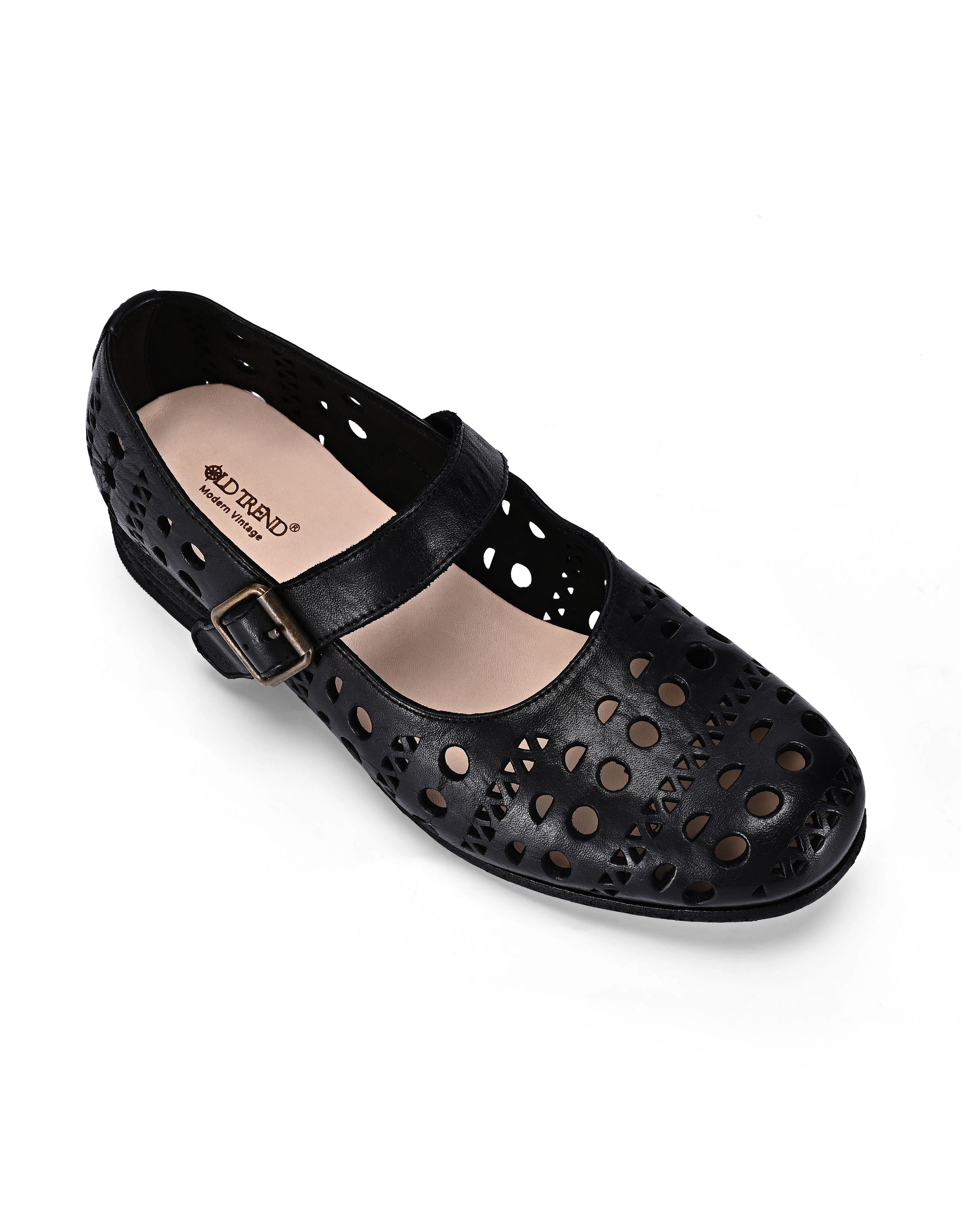 OLD TREND Retro Genuine Leather Breathable Cutout Mary Jane Flat, Main, color, Black