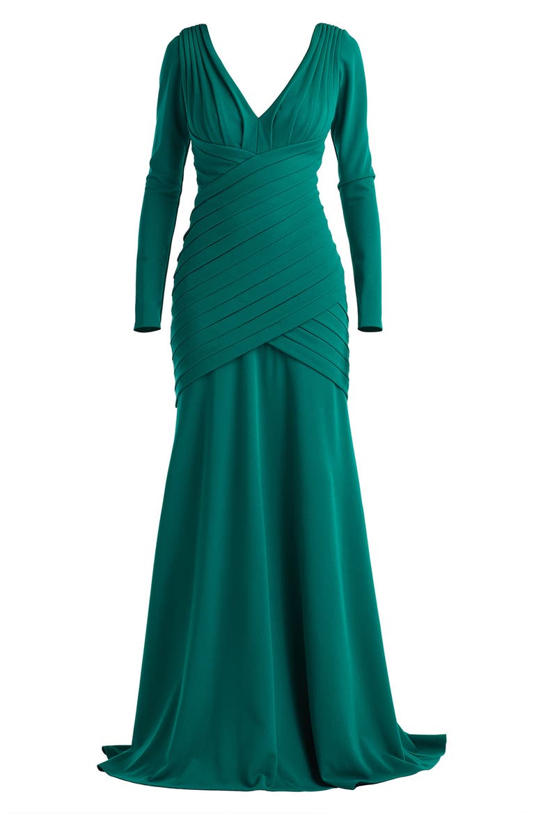 Pleat Detail Long Sleeve Gown, Alternate, color, EMERALD
