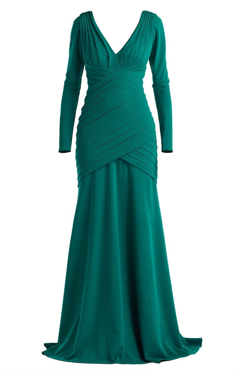 Tadashi Shoji Pleat Detail Long Sleeve Gown, Alternate, color, Emerald
