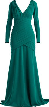 Tadashi Shoji Pleat Detail Long Sleeve Gown