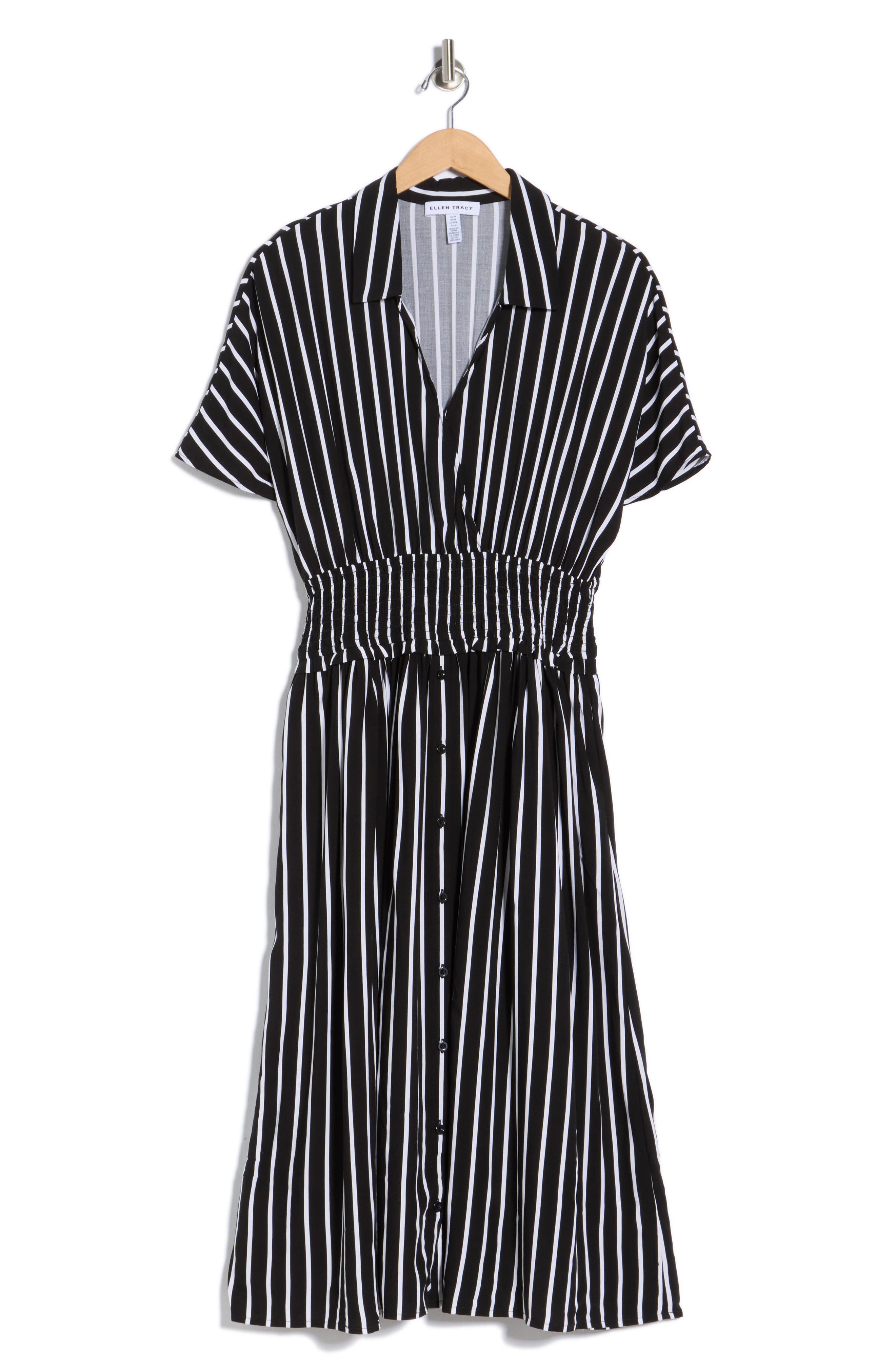 Ellen Tracy Stripe Short Sleeve Smocked Waist Midi Dress