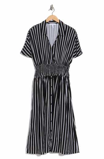 Ellen Tracy Stripe Short Sleeve Smocked Waist Midi Dress