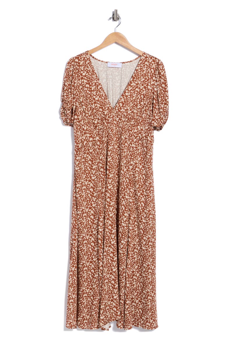 Ditsy Floral V Neck A Line Dress, Main, color, RUST