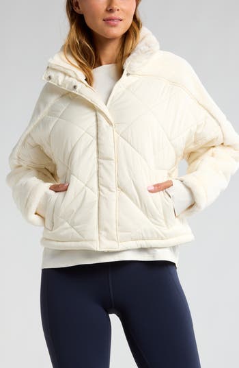 Zella Faux Fur Mixed Media Quilted Jacket In White