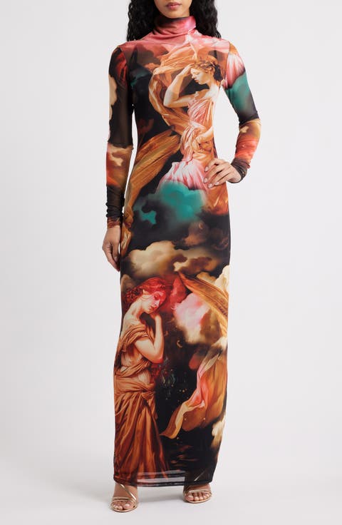 Billie Trompe l'Oeil Long Sleeve Mesh Maxi Dress