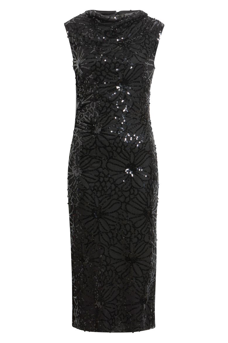 Draped Neck Sequined Midi Dress, Alternate, color, ANNE BLACK