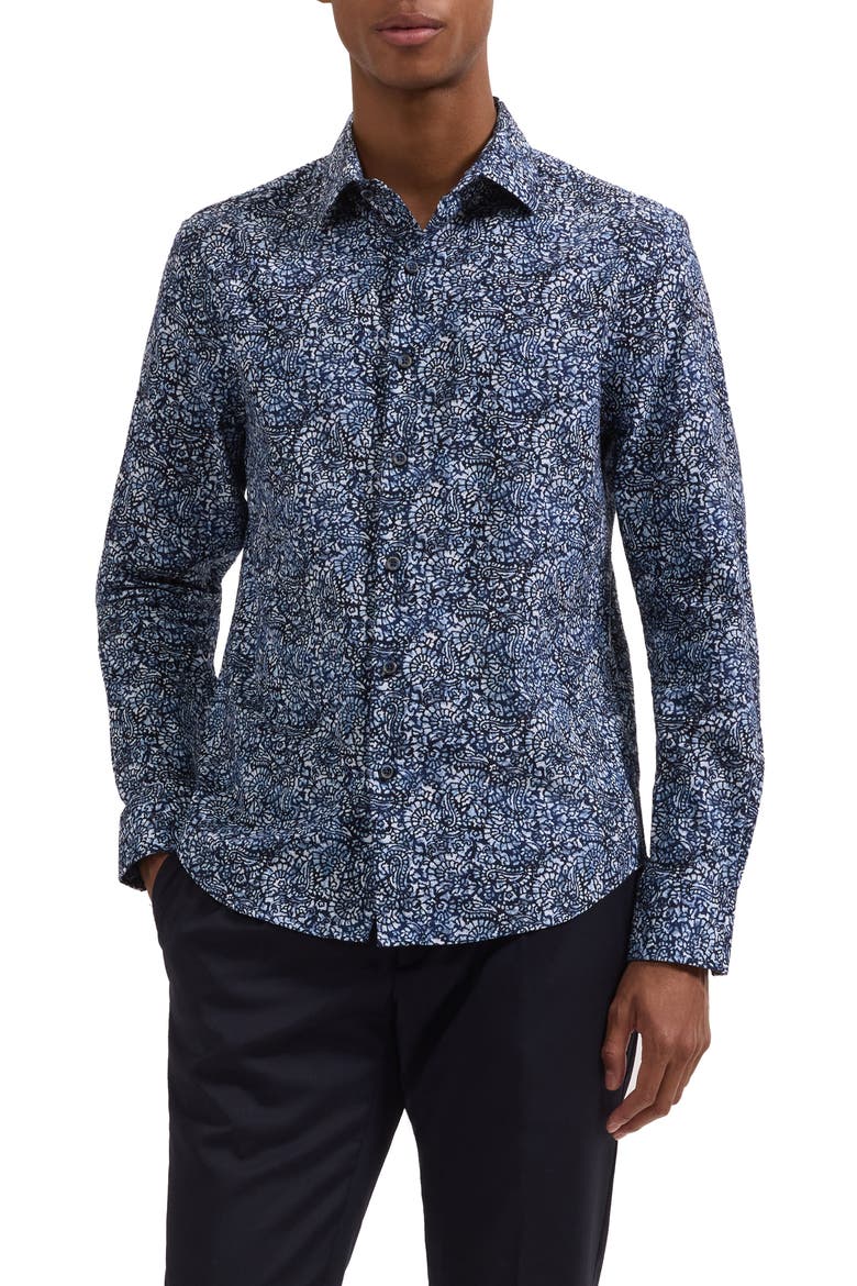 Julian Shaped Fit Abstract Paisley Print Cotton Button-Up Shirt, Main, color, NAVY