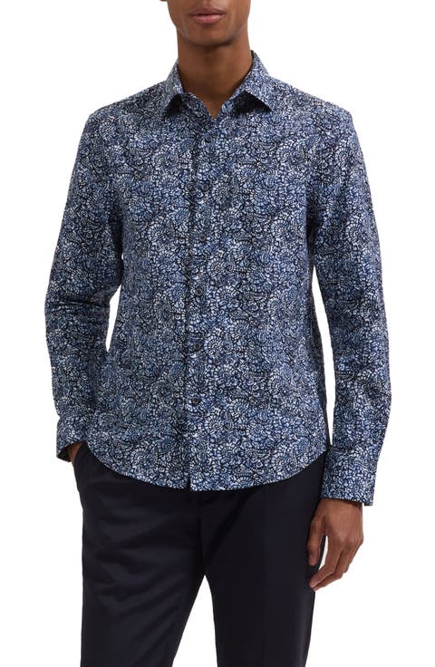 Julian Shaped Fit Abstract Paisley Print Cotton Button-Up Shirt