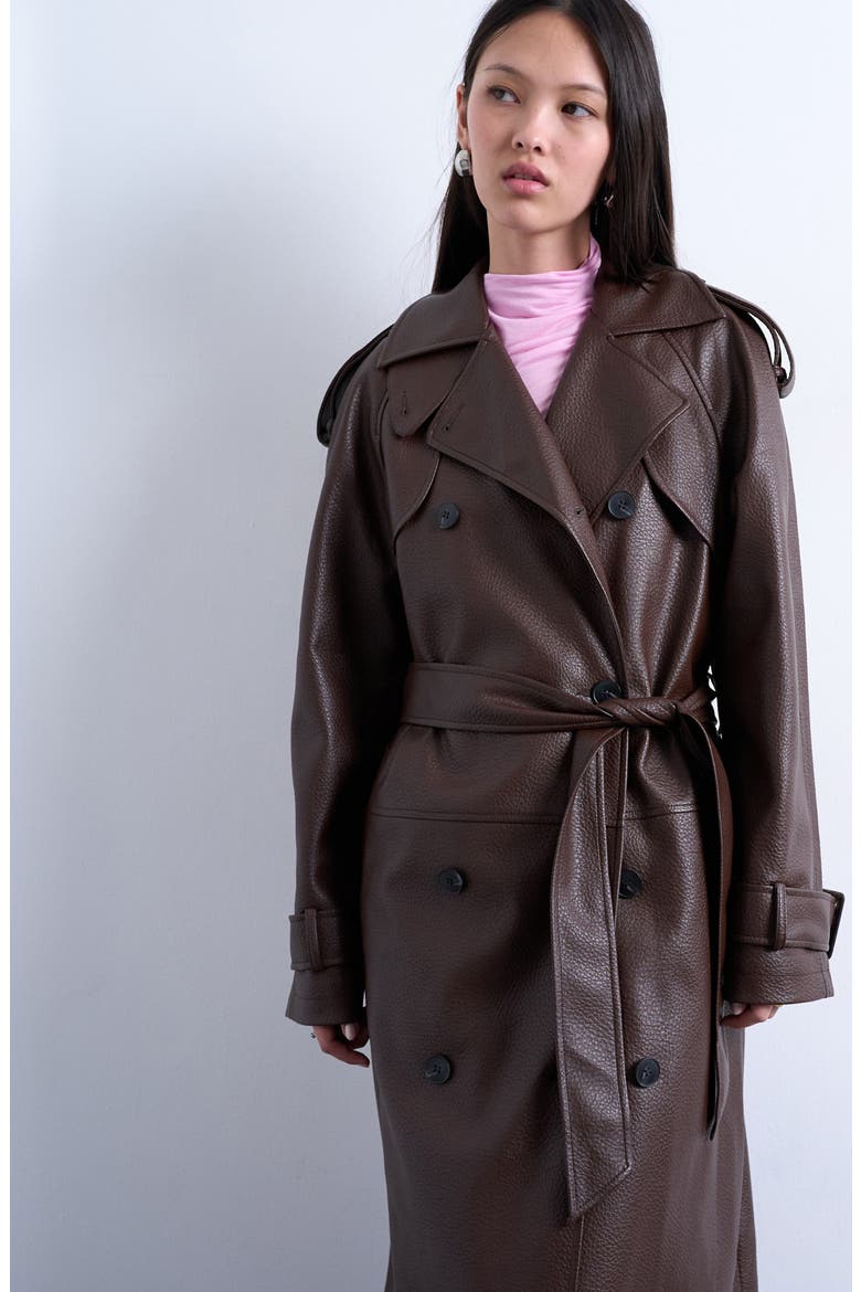 Pebble Faux Leather Trench Coat, Alternate, color, BROWN