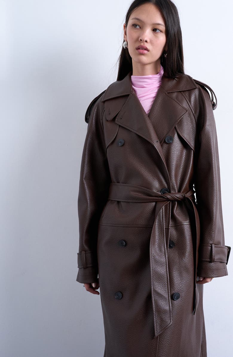 Topshop Pebble Faux Leather Trench Coat, Alternate, color, Brown