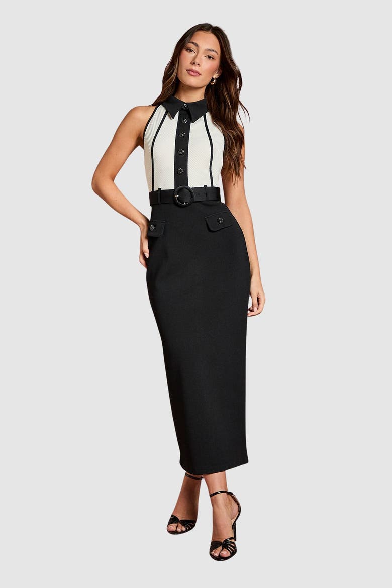 Collard Bandage Belted Pencil Dress, Main, color, Mono