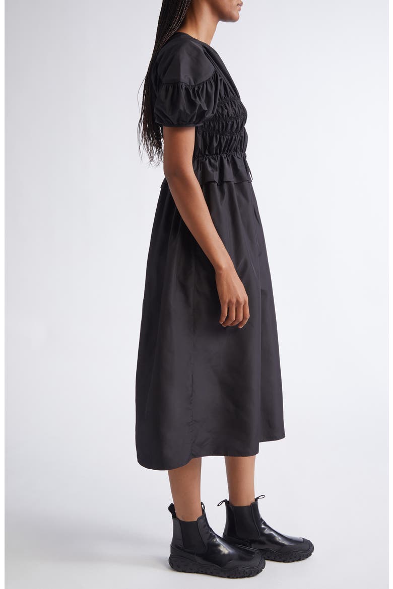 Betsy Ruched Puff Sleeve Drawcord Waist Recycled Faille Dress, Alternate, color, BLACK