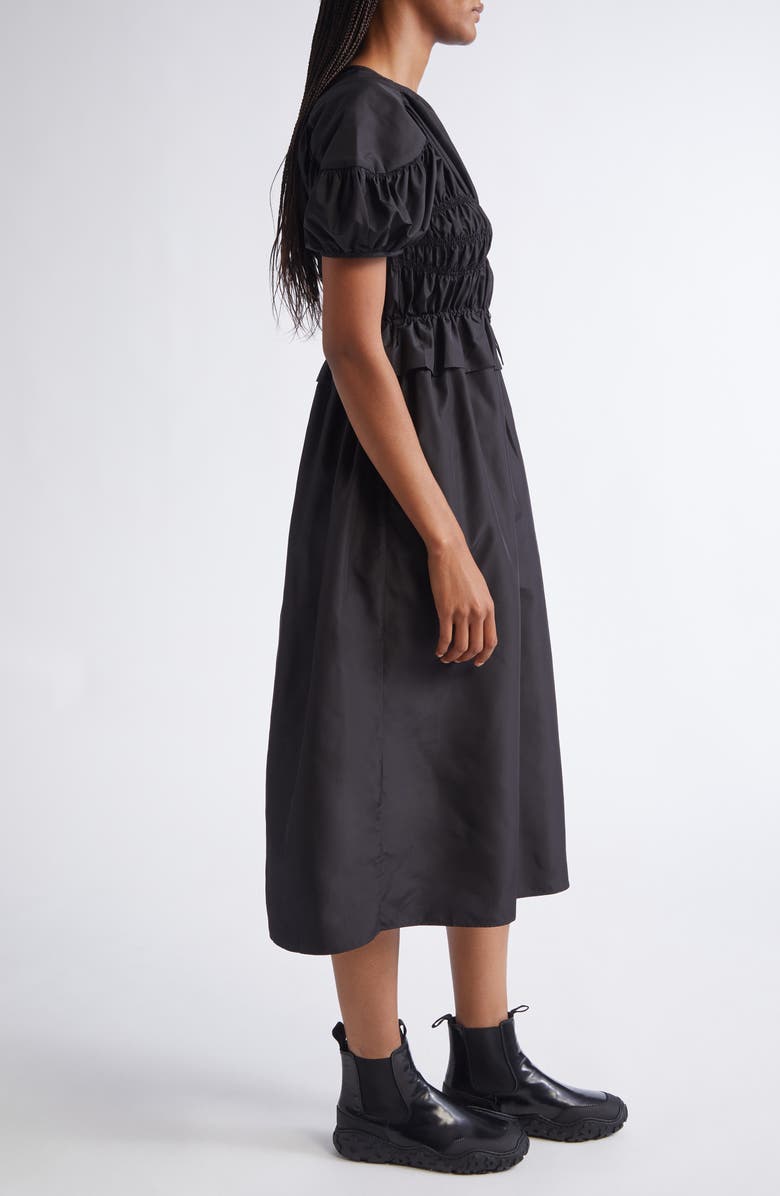 Cecilie Bahnsen Betsy Ruched Puff Sleeve Drawcord Waist Recycled Faille Dress, Alternate, color, Black
