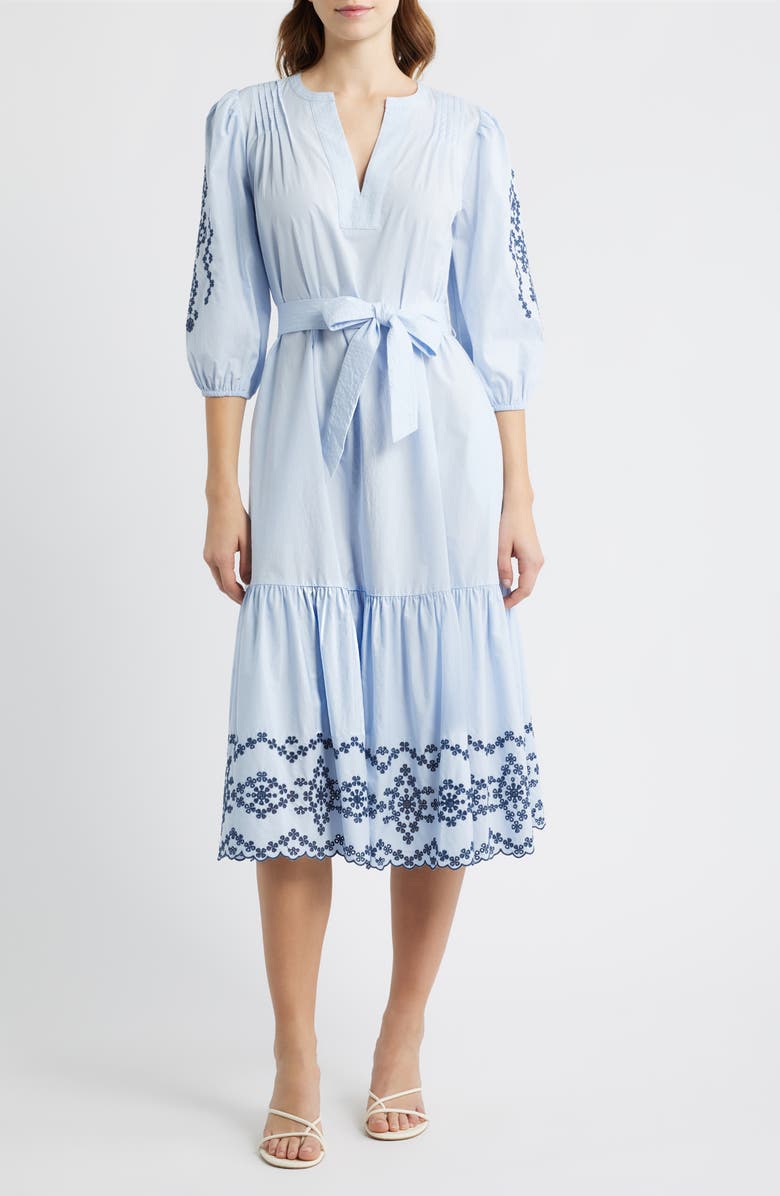 Rails Carmel Eyelet Embroidered Tie Belt Cotton Dress, Main, color, Blue Bird