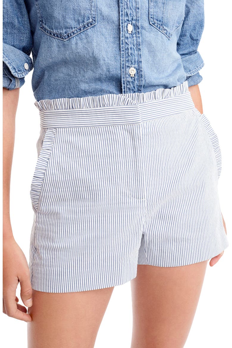 J.Crew Ruffled Seersucker Stripe Shorts, Alternate, color, BLUE WHITE