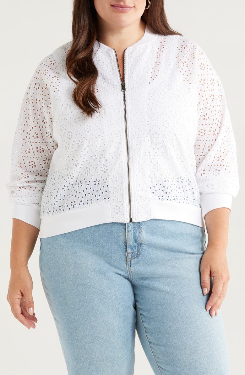 Caslon<sup>®</sup> Embroidered Eyelet Cotton Zip-Up Bomber Jacket, Alternate, color, White