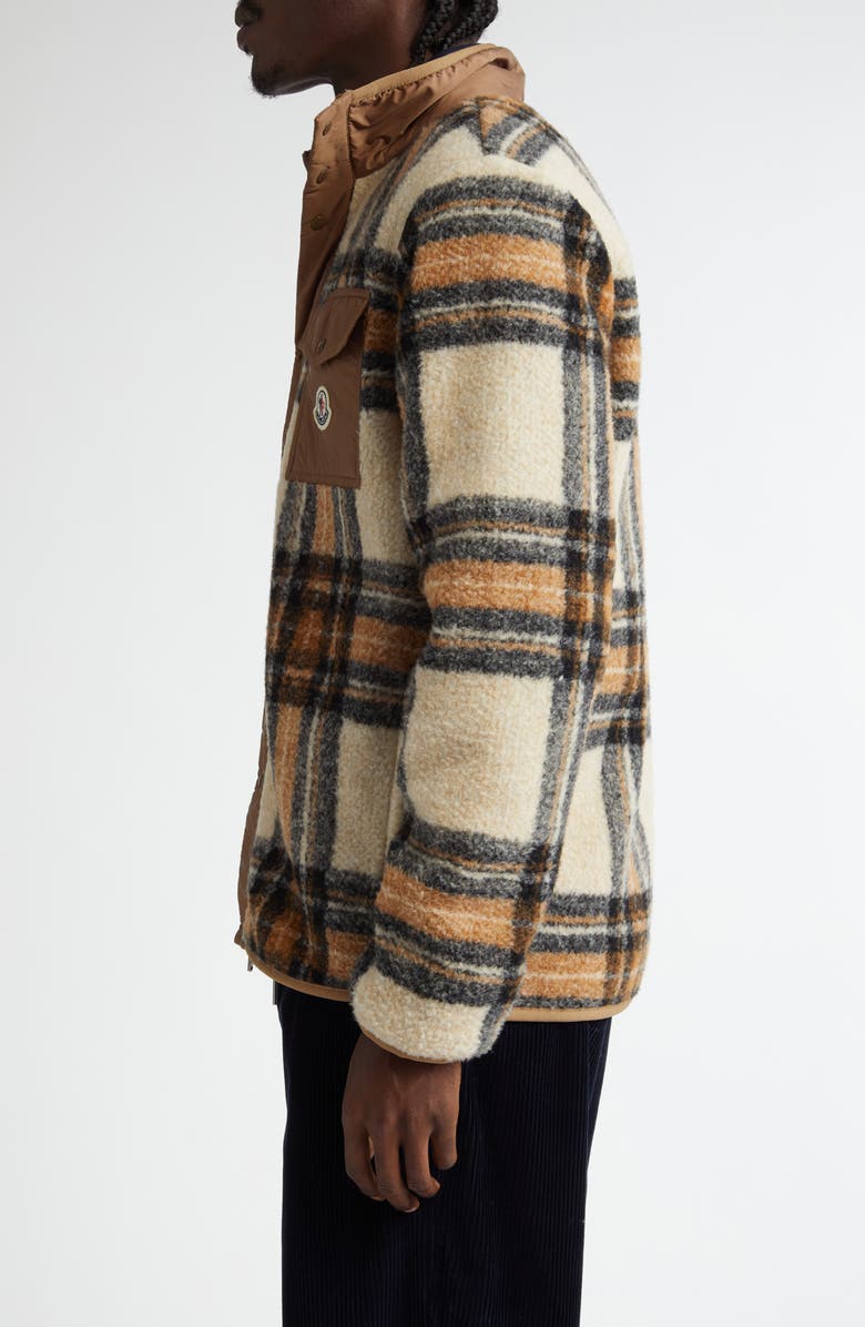 Moncler Plaid High Pile Fleece Snap-Up Jacket, Alternate, color, 
