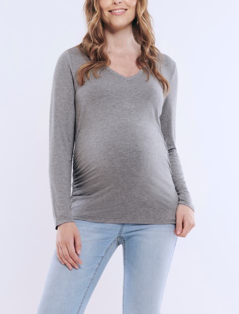 V-Neck Side-Ruched Maternity Long Sleeve Tee