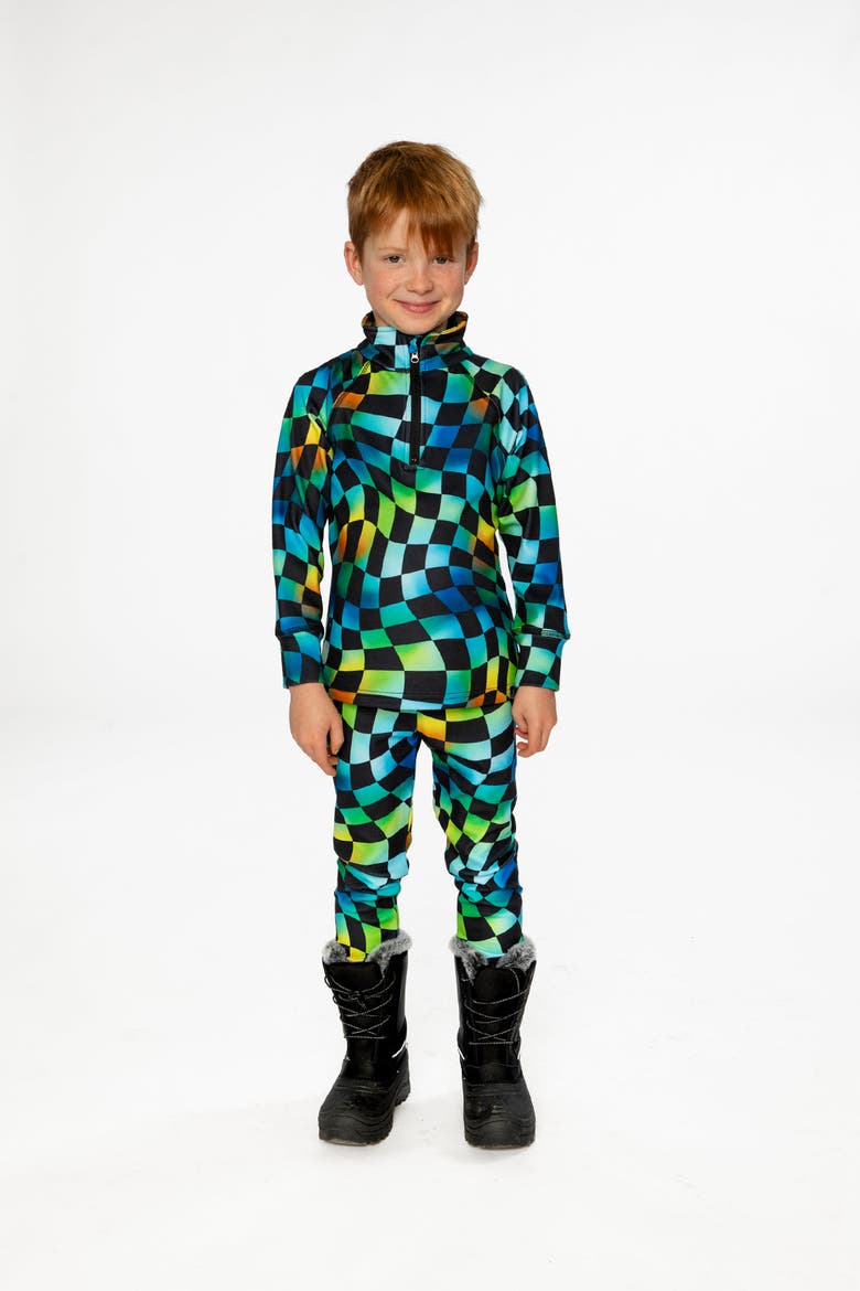 Two Piece Checkered Brushed Half-Zip Top & Pants Thermal Underwear, Alternate, color, Blue Checkered Print