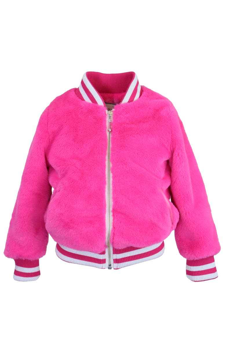 Faux Fur Zip Front Varsity Jacket, Main, color, Hot Pink Puff