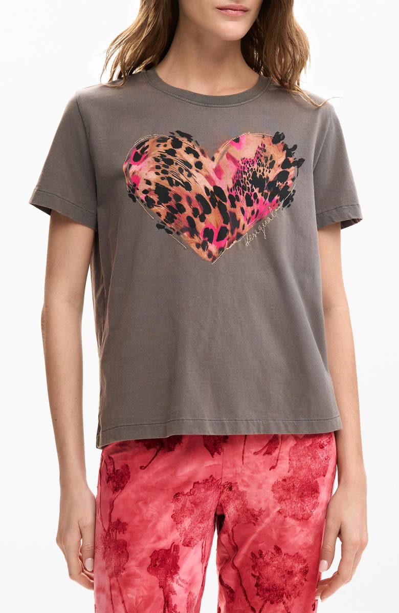 Desigual Heart Cotton Graphic T-Shirt, Main, color, Neutral Gray