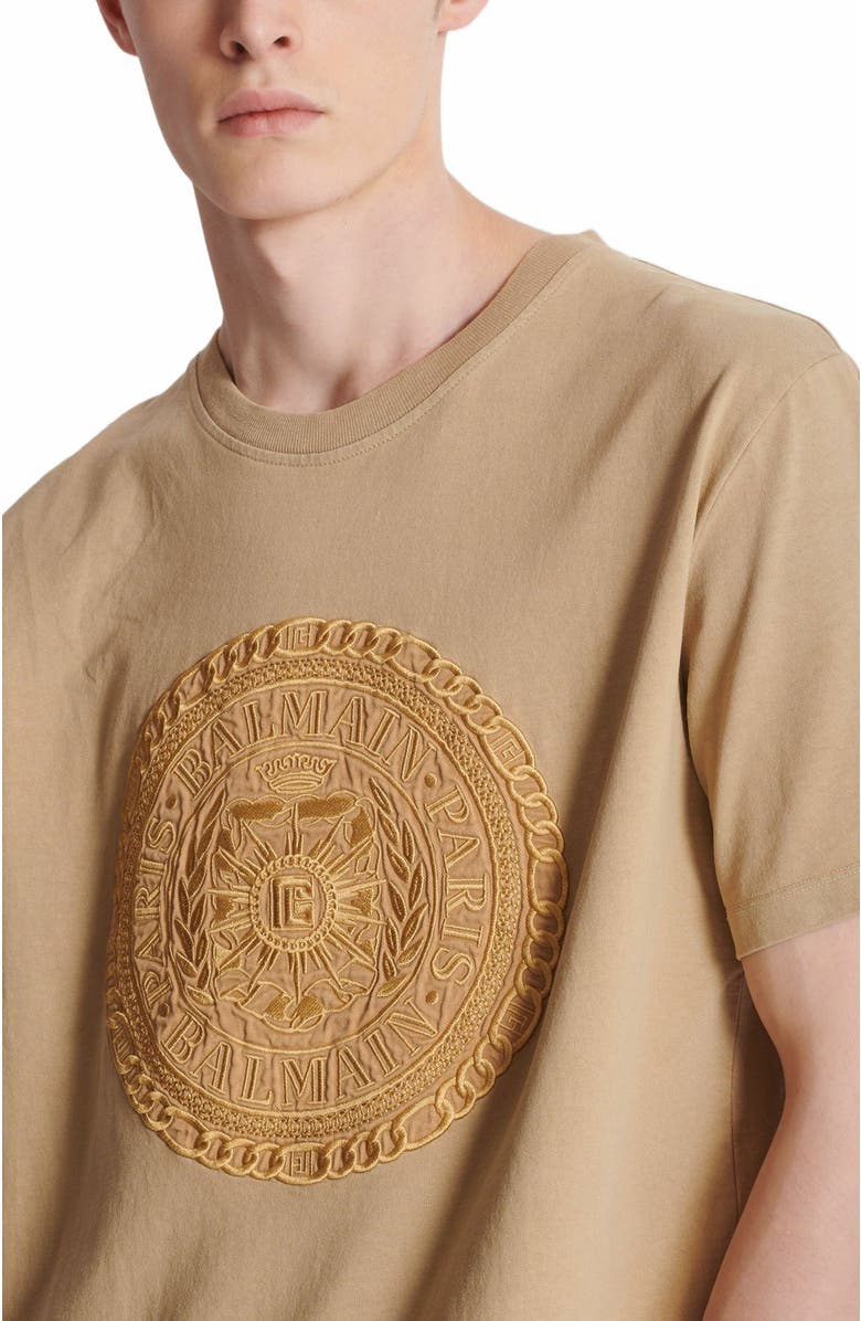 Balmain Embroidered Balmain Médaille T-Shirt, Alternate, color, Beige