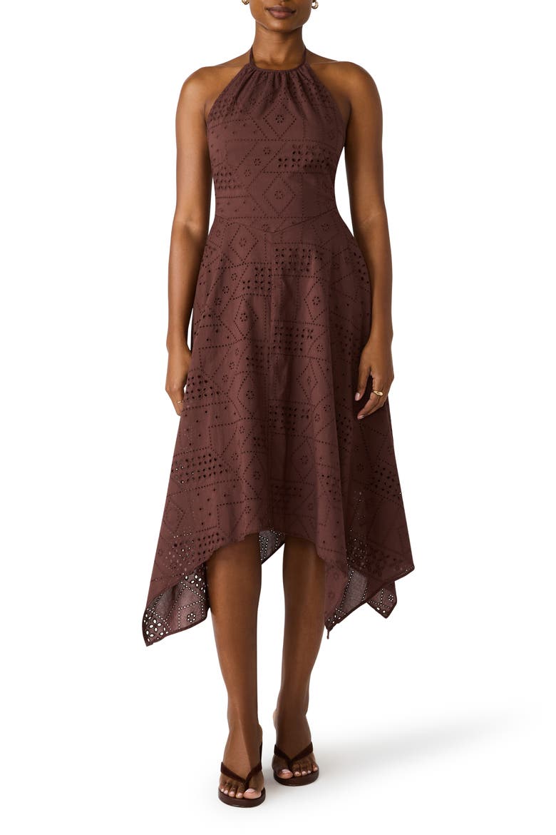 Dalina Eyelet Embroidery Halter Dress, Main, color, WALNUT