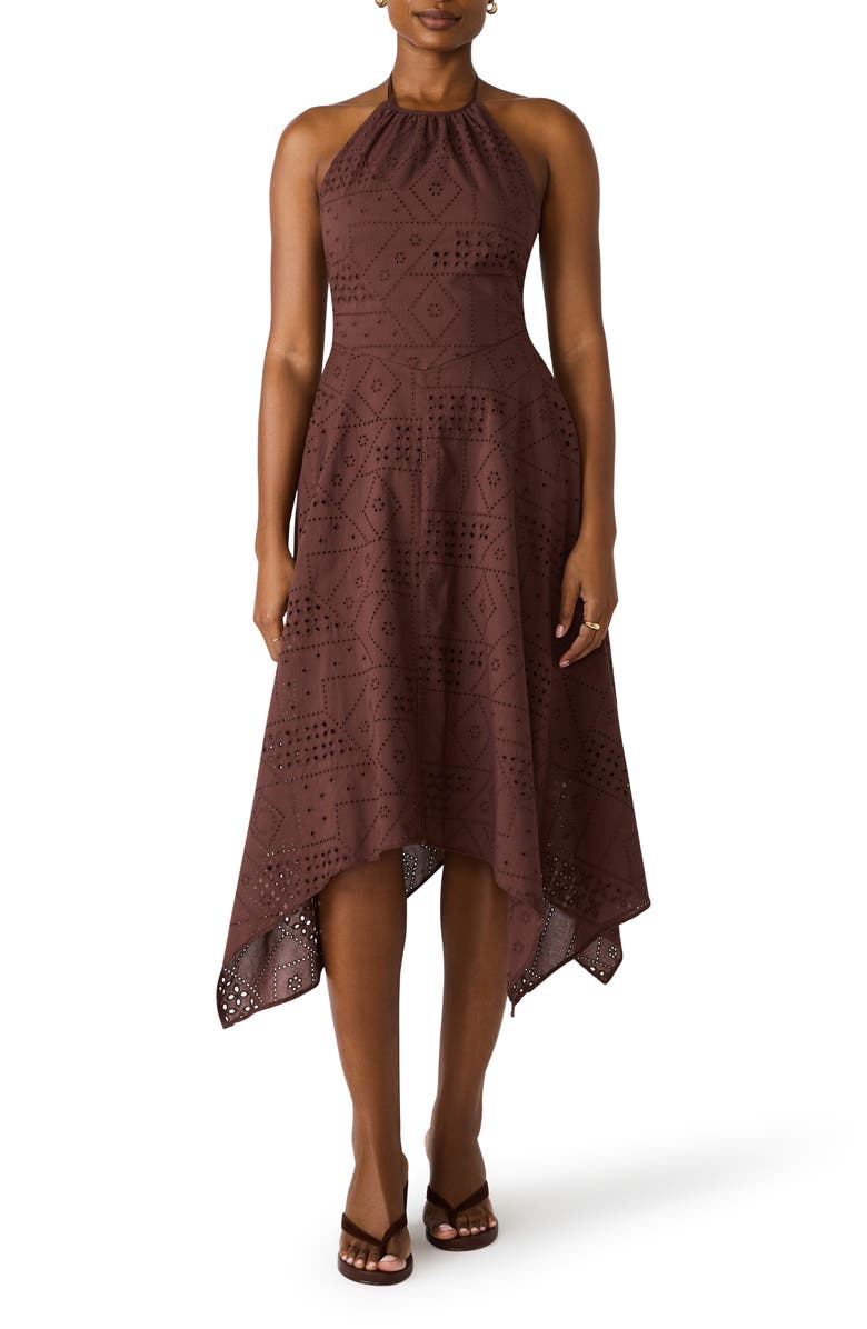 Steve Madden Dalina Eyelet Embroidery Halter Dress, Main, color, Walnut
