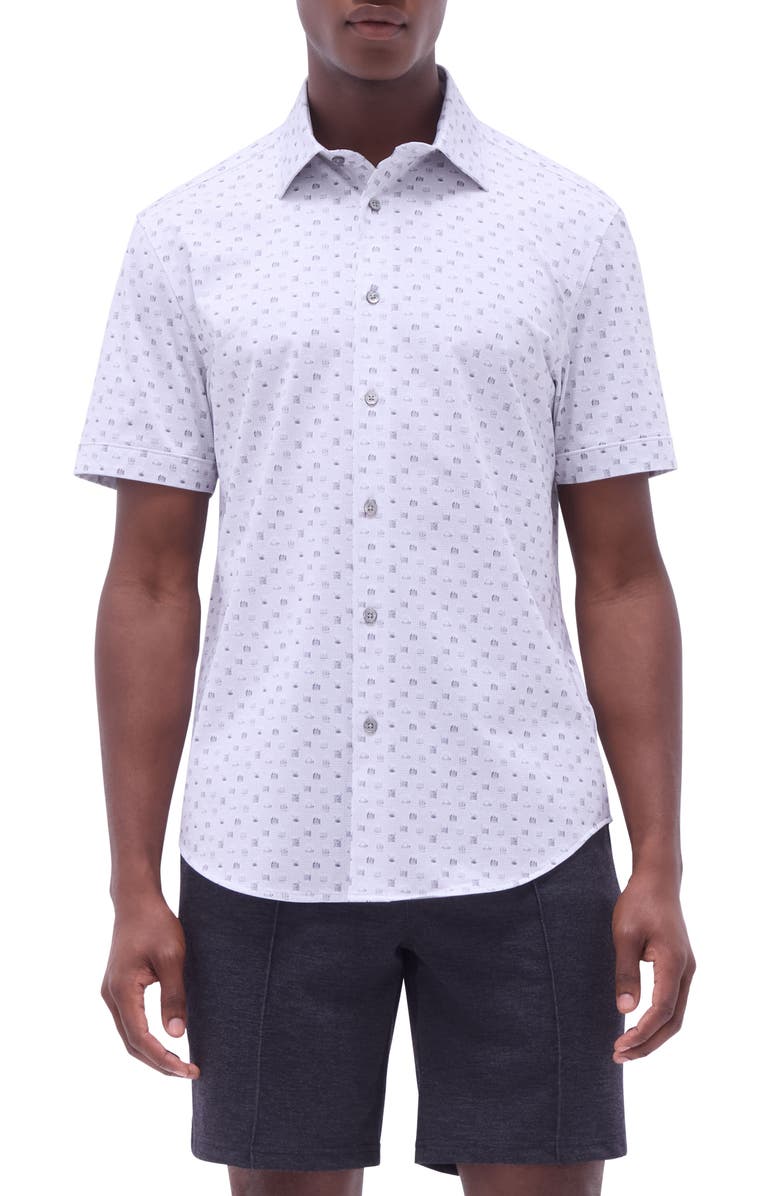 Bugatchi Miles OoohCotton<sup>®</sup> Whiskey Print Short Sleeve Button-Up Shirt, Main, color, Platinum