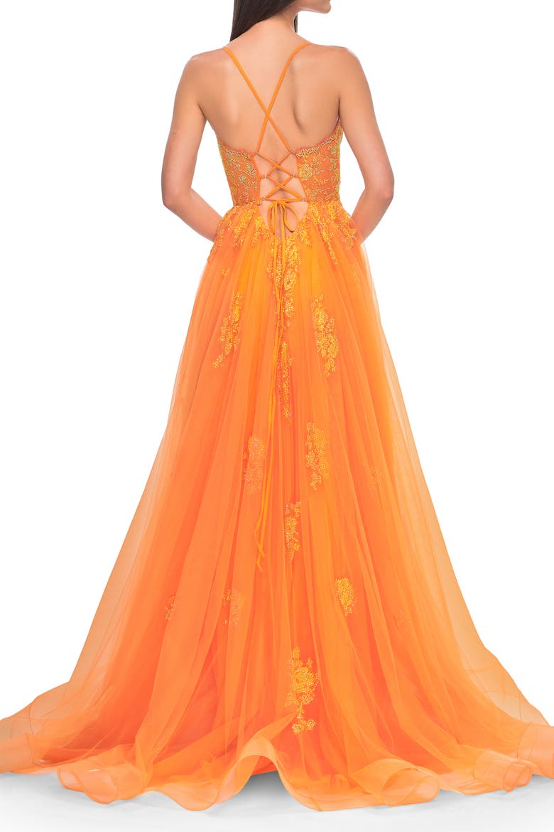 A-Line Tulle Gown with Scallop Detail Bodice and Lace Applique, Alternate, color, Orange